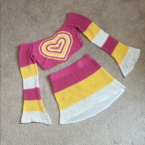 Colorful Crochet Knit Off-Shoulder Top and Skirt Set